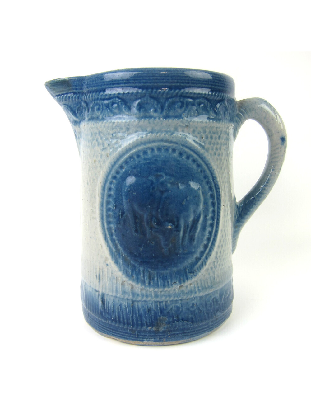 Antique Blue & White Salt Glaze Stoneware Milk Pitcher Cows Hull Pottery Ohio